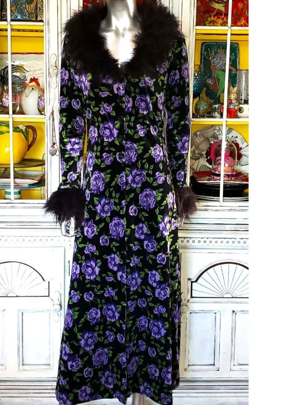 Betsey Johnson Black Velvet Floral Faux Fur Duster Opera Coat Long Dress Jacket - Picture 3 of 16